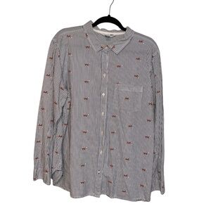 🦊Old Navy XXL Striped Button-Up Shirt Fox Print Blue White Cotton Preppy Casual